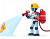 火災現場で放水銃を使って消火活動をする消防ロボットのイラスト。