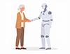 笑顔の高齢女性と人型ロボットが握手しているイラスト。