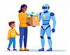 買い物袋を持ったロボットが、母親と男の子の家族をサポートしているイラスト。