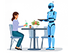 カフェで女性客に飲み物と食事を運んでいる配膳ロボットのイラスト。