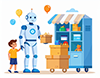 子供とロボットが荷物を持って並んで立つイラスト