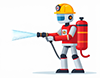 消火活動を行う消防ロボットのイラスト。ヘルメットをかぶり、消火ホースから水を噴射している。