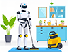 掃除機をかける家事ロボットのイラスト。白いロボットが黄色い掃除機を使って床を清掃している。
