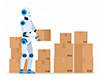 段ボール箱を運ぶロボットのイラスト。たくさんの荷物が積まれた倉庫で箱を持っている。