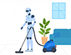 リビングで掃除機をかける家庭用ロボットのイラスト