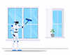 窓を拭いている清掃ロボットのイラスト