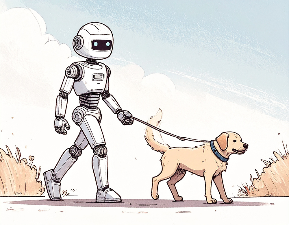 犬を散歩させている白いロボットのイラスト