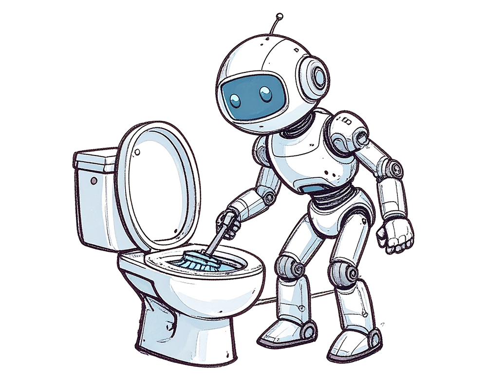 トイレを掃除している白いロボットのイラスト