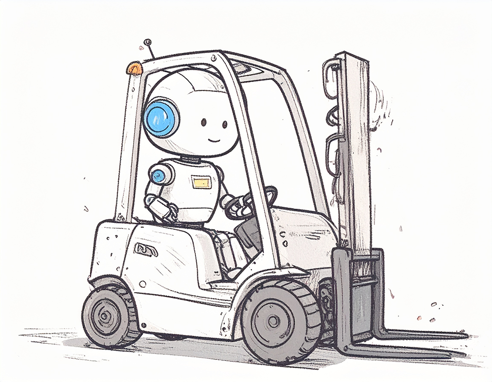 フォークリフトを運転しているロボットのイラスト