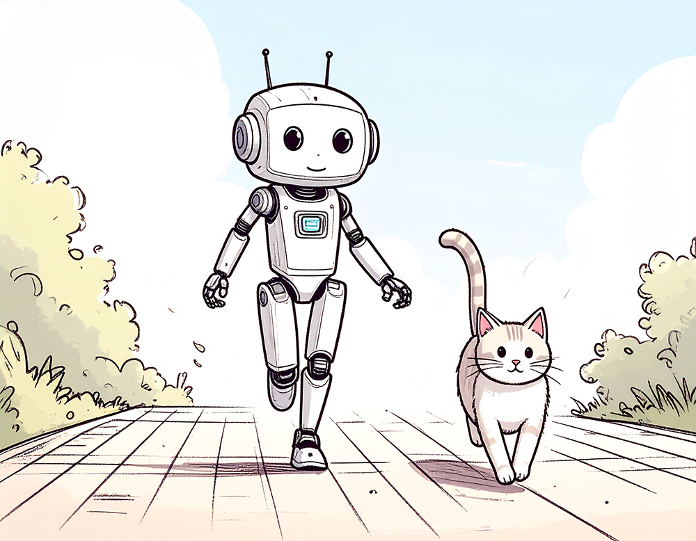 猫と散歩している白いロボットのイラスト