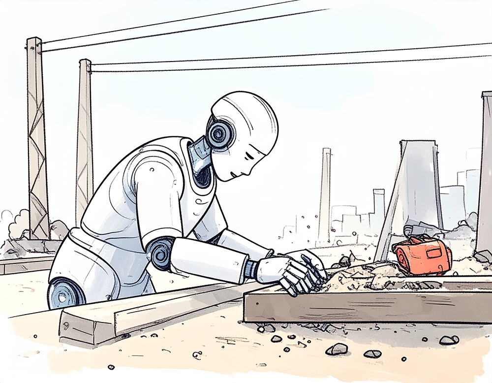 建築現場で砂をならす白いロボットのイラスト