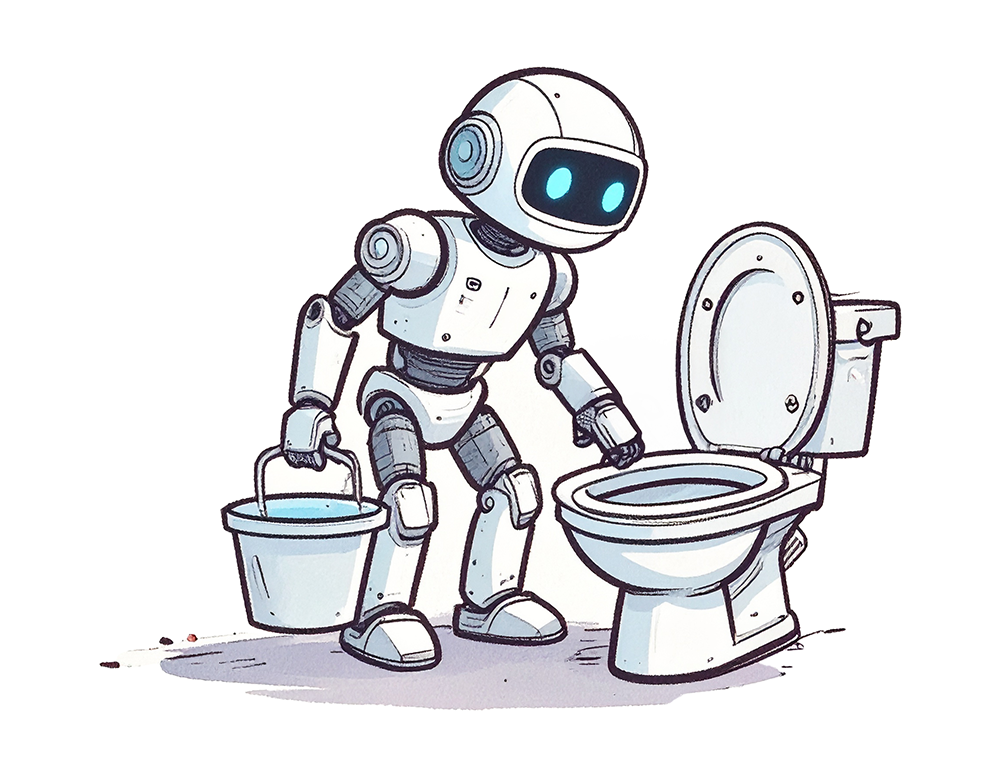 バケツを持ってトイレ掃除をしようとしているロボットのイラスト