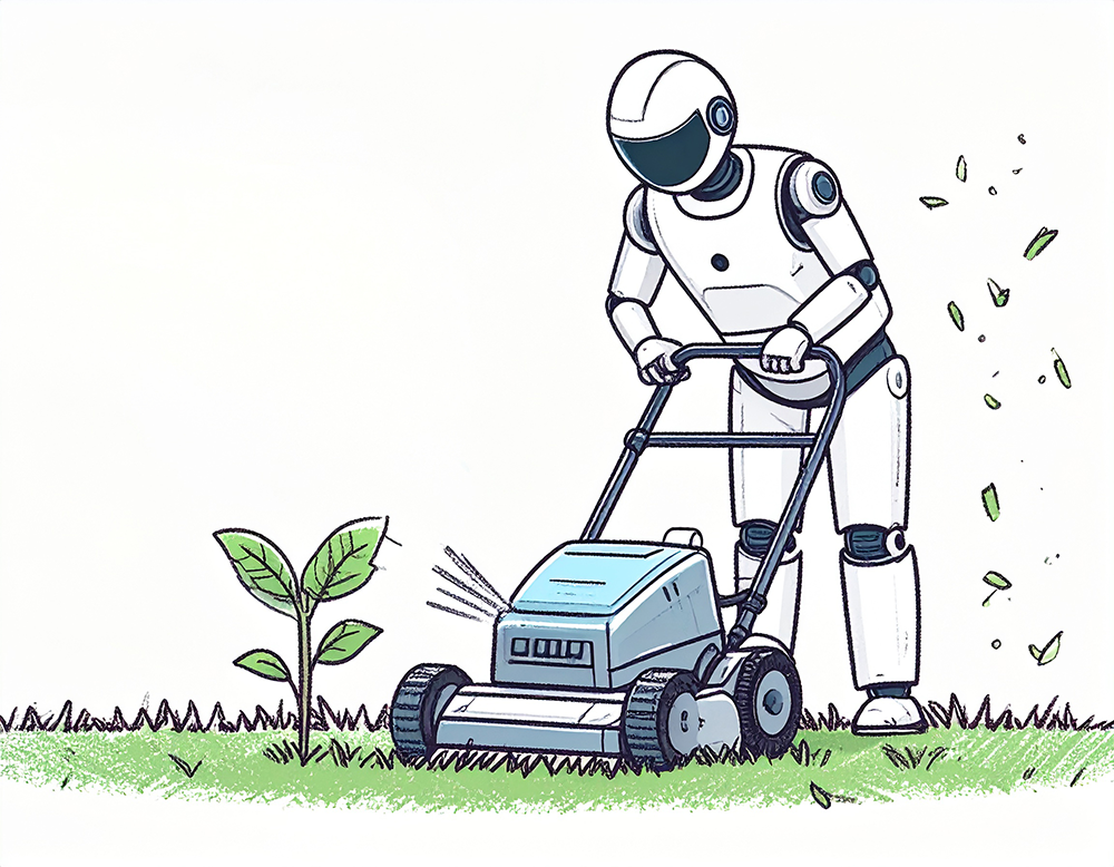 芝刈り機で芝生を刈っているロボットのイラスト