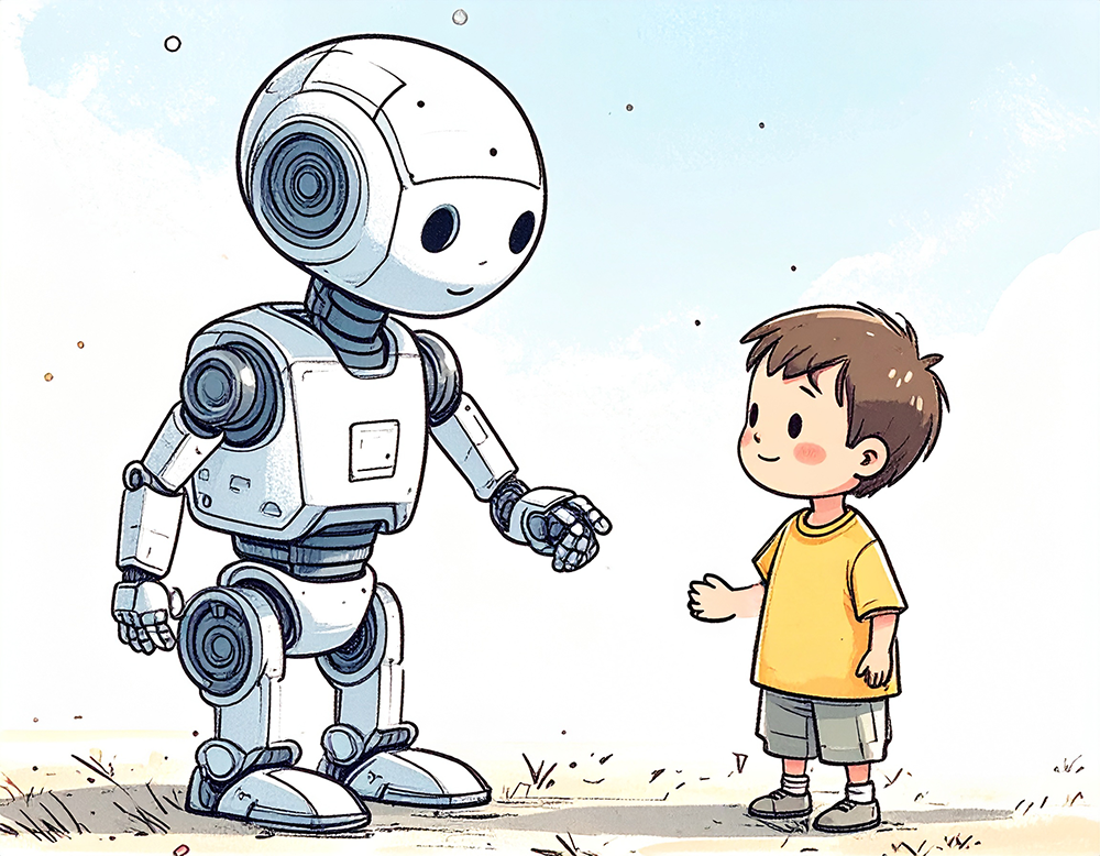 子供と向き合って話す白いロボットのイラスト
