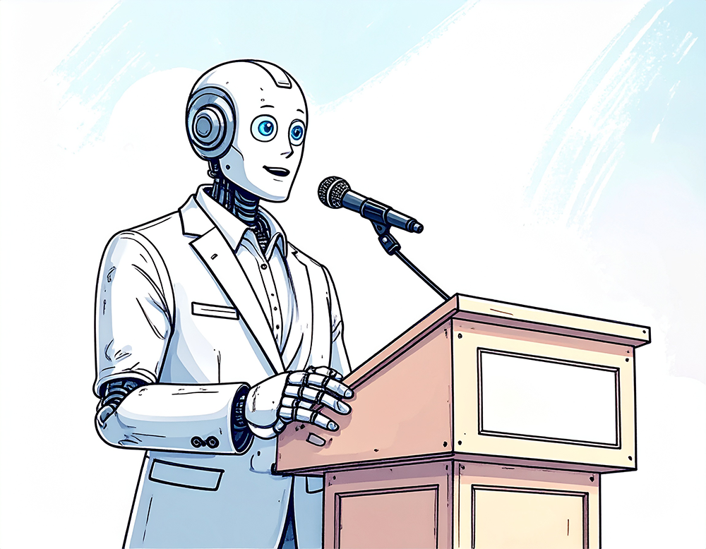 演壇に立って演説しているスーツ姿のロボットのイラスト
