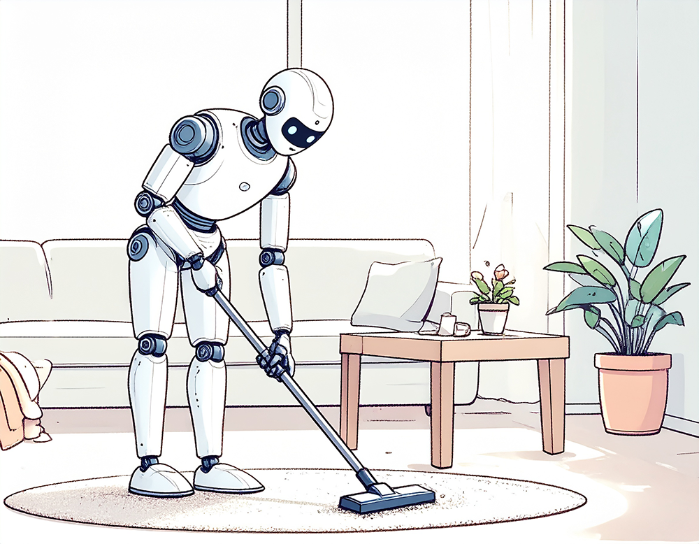 リビングで掃除機をかけている白いロボットのイラスト
