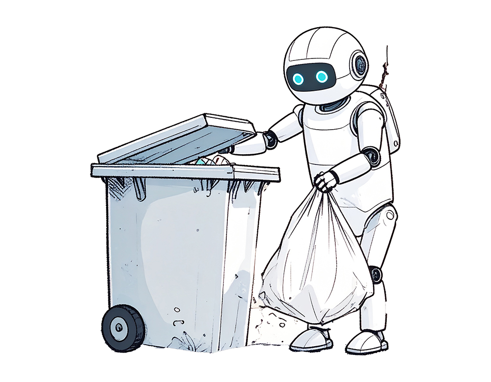 ゴミ袋を持ってゴミ箱に捨てようとしている白いロボットのイラスト