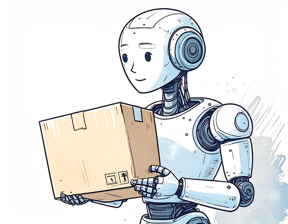 段ボール箱を抱えている白いロボットのイラスト
