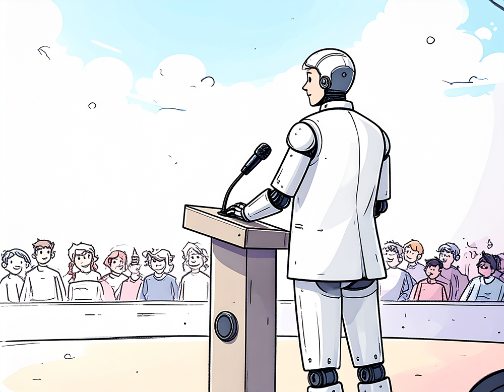 大勢の聴衆を前に演説しているロボットの後ろ姿のイラスト