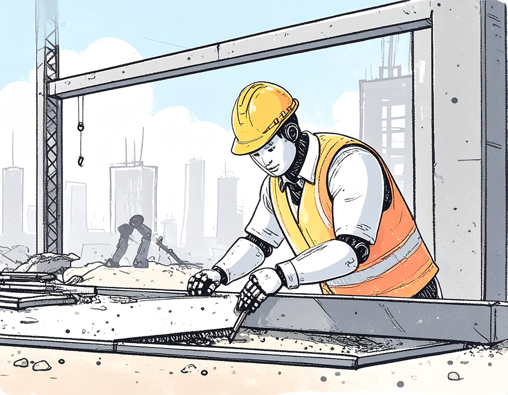 ヘルメットと安全ベストを着て建築作業をしているロボットのイラスト
