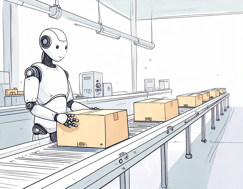 工場でベルトコンベアの荷物を運ぶロボットのイラスト
