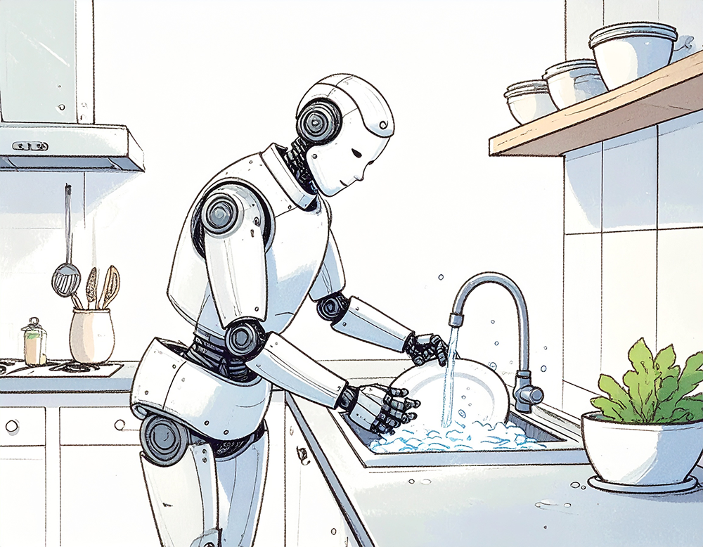 シンクで食器を洗っている白いロボットのイラスト