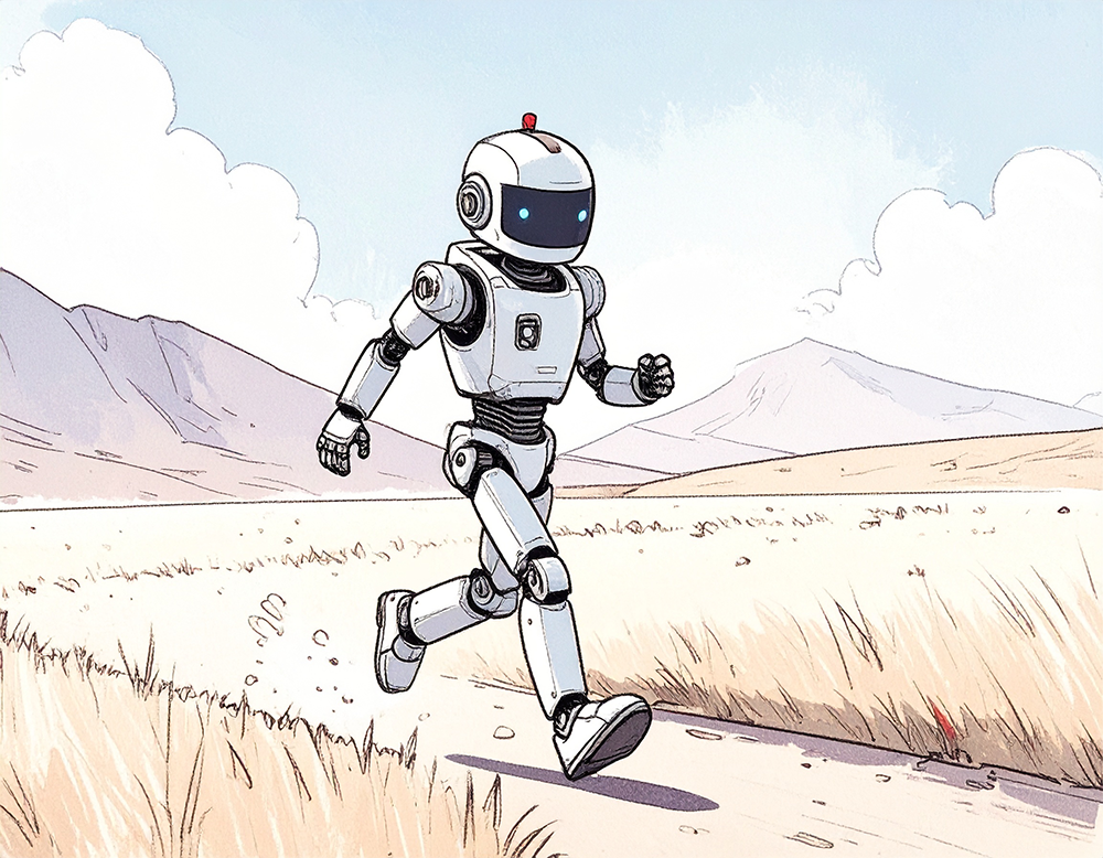 荒野の道を走っている白いロボットのイラスト