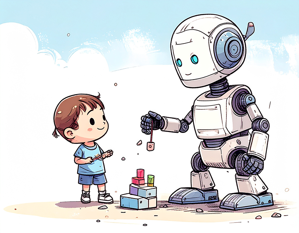 子供と一緒にブロックで遊んでいる白いロボットのイラスト