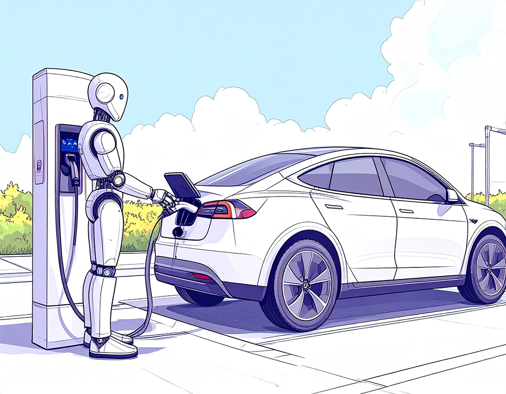 電気自動車に充電している白いロボットのイラスト