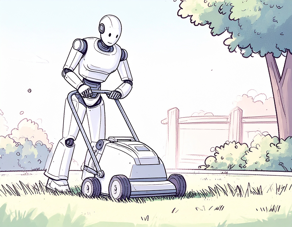 芝刈り機で芝生を刈っている白いロボットのイラスト