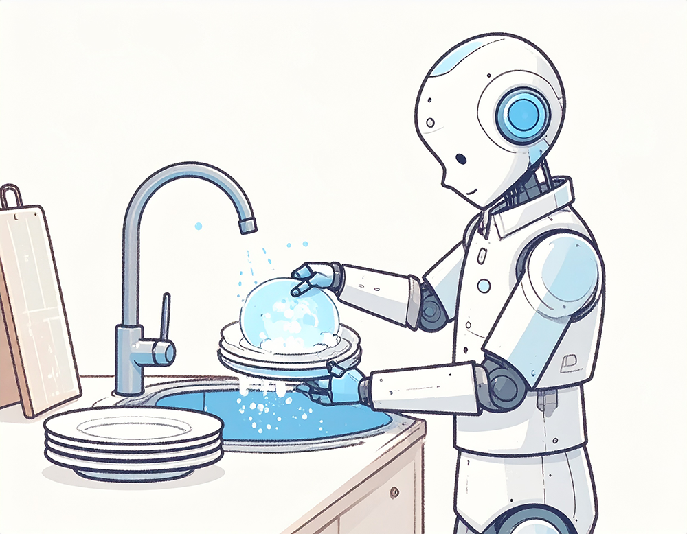 シンクで食器を洗っている白いロボットのイラスト