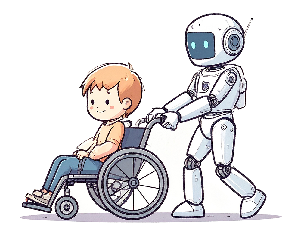 車いすに座った子供を押している白いロボットのイラスト