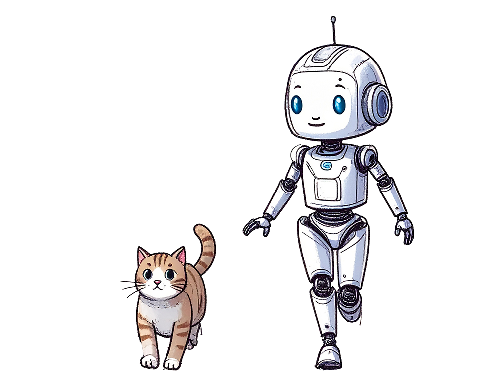猫と散歩している白いロボットのイラスト