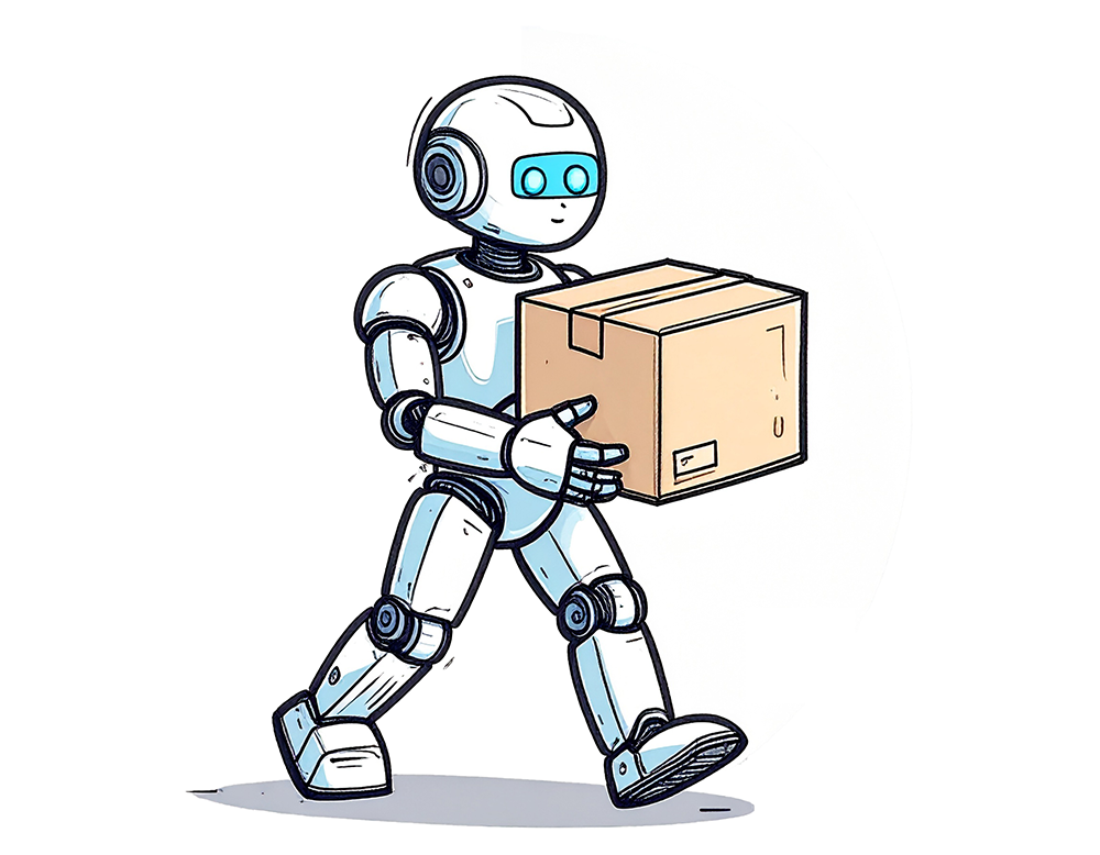 ダンボール箱を運んでいる白いロボットのイラスト