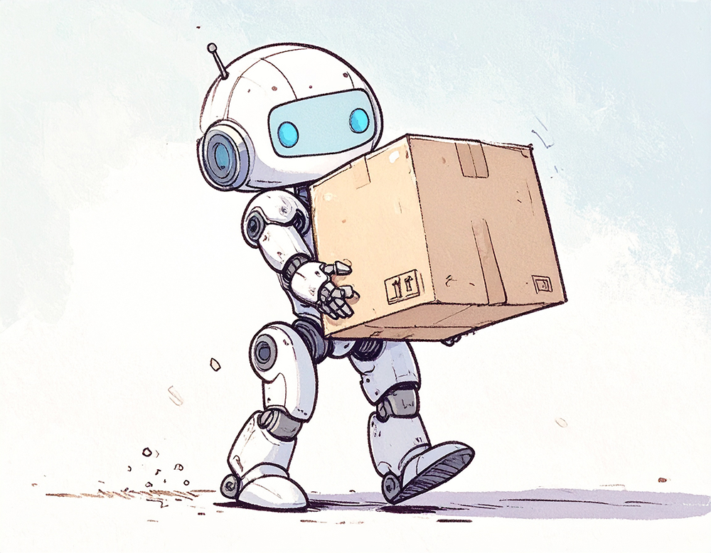 大きなダンボール箱を運んでいる白いロボットのイラスト