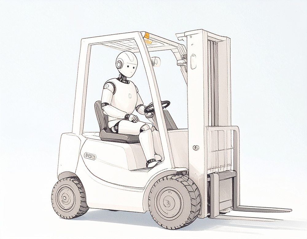 フォークリフトを運転している白いロボットのイラスト