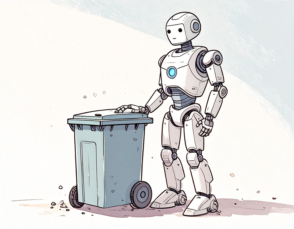 ゴミ箱の横に立っている白いロボットのイラスト