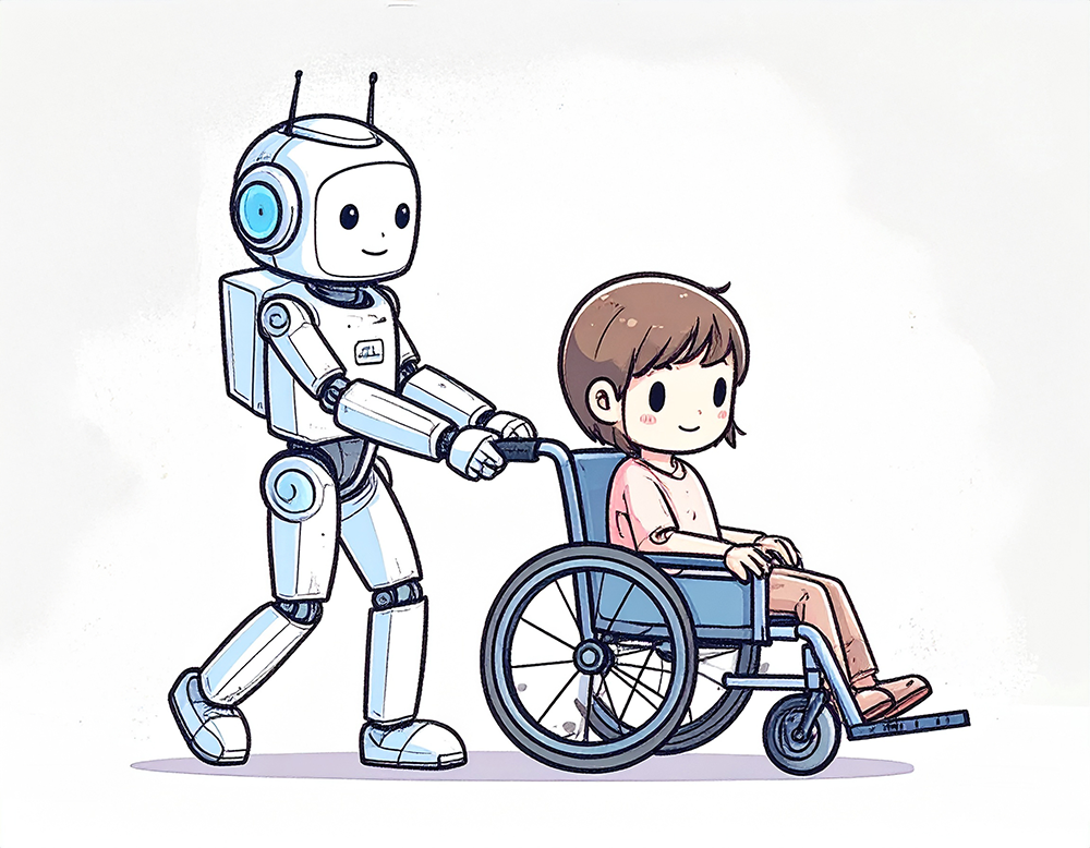車いすに座った子供を押している白いロボットのイラスト