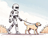 犬を散歩させている白いロボットのイラスト
