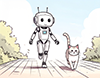猫と散歩している白いロボットのイラスト