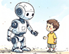 子供と向き合って話す白いロボットのイラスト