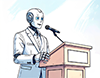 演壇に立って演説しているスーツ姿のロボットのイラスト