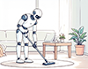 リビングで掃除機をかけている白いロボットのイラスト