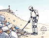 ゴミの山を箒で掃いている白いロボットのイラスト