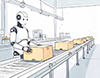 工場でベルトコンベアの荷物を運ぶロボットのイラスト