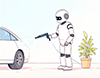 ホースで車を洗車している白いロボットのイラスト