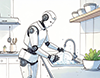シンクで食器を洗っている白いロボットのイラスト