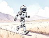 荒野の道を走っている白いロボットのイラスト