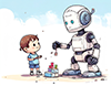 子供と一緒にブロックで遊んでいる白いロボットのイラスト