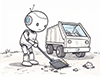 箒で道路を掃除している白いロボットのイラスト